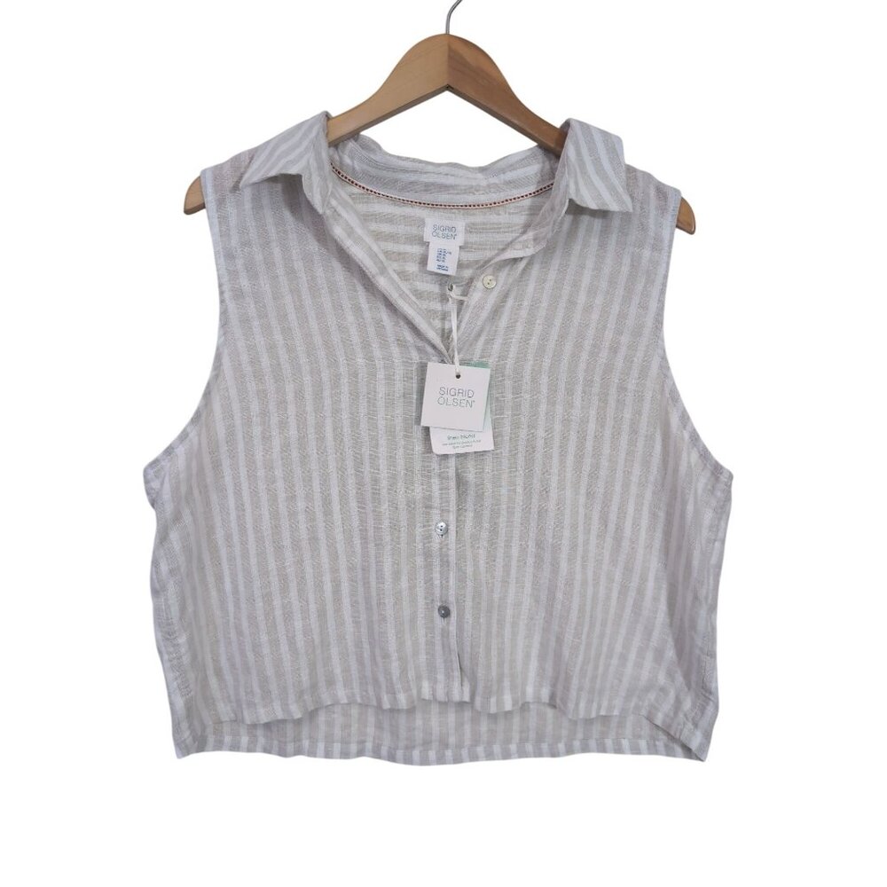 Sigrid Olsen‎ Sleeveless Button Up Top Womens XL Tan White Striped Linen Blend